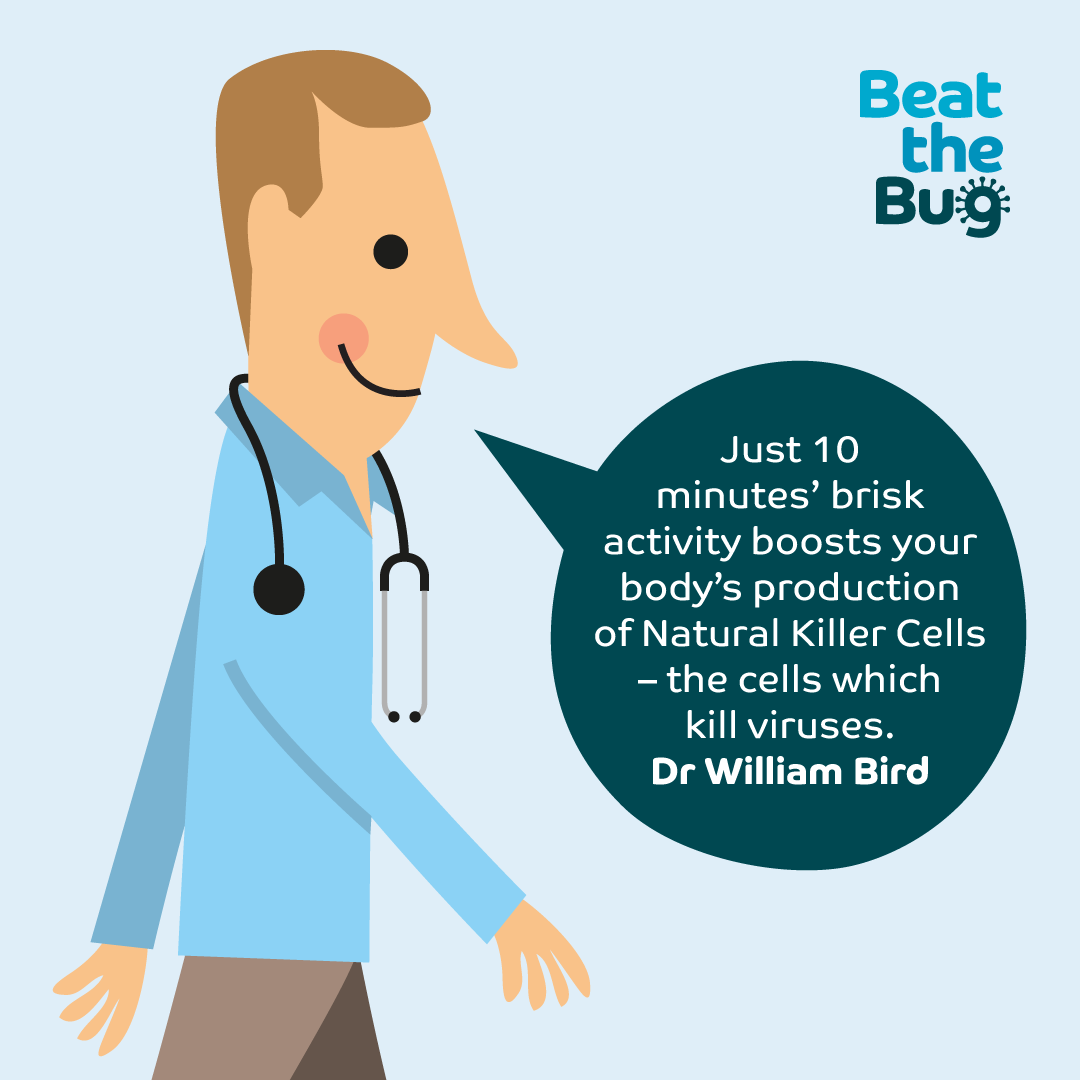 Just 10 minutes' brisk activity boosts you body's production of Natural Killer Cells - the cells which kill viruses. Dr William Bird